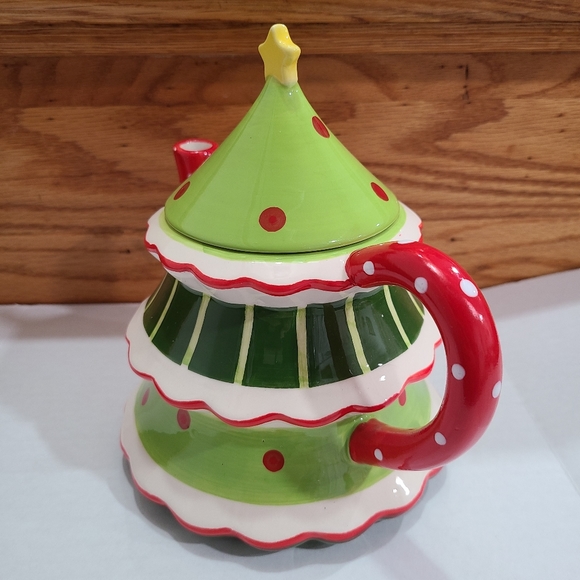 Ceramic tiered Christmas tree figural glazed teapot cookie jar with lid - Picture 4 of 10